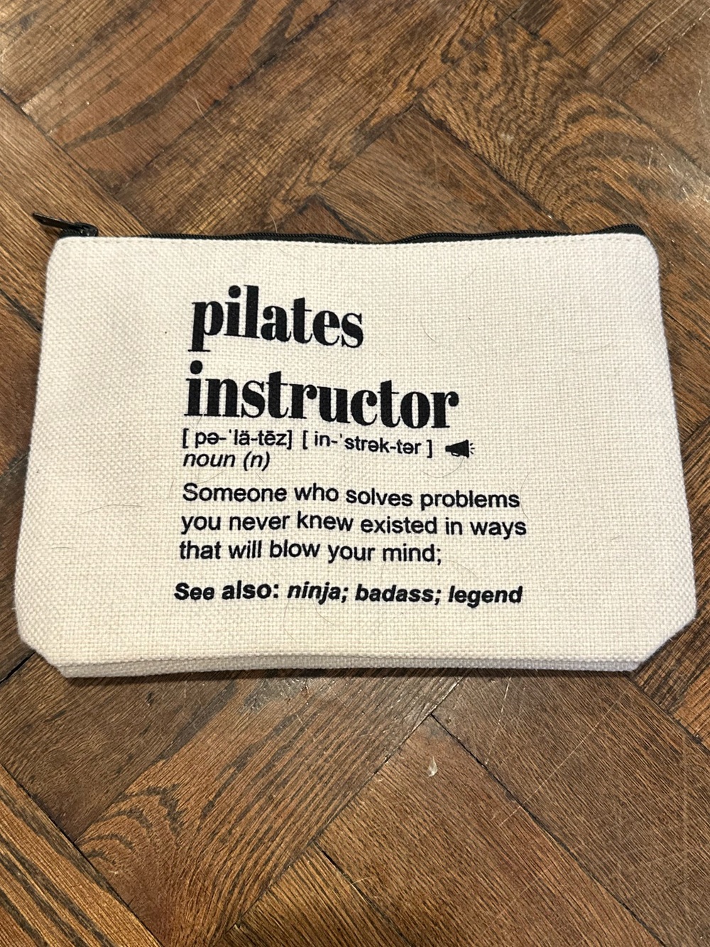 Pilates Instructor Canvas Zip Pouch - White with Black Print